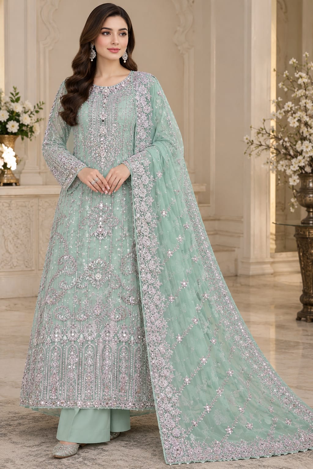 Powder Green Pure Chiffon Luxury Formal