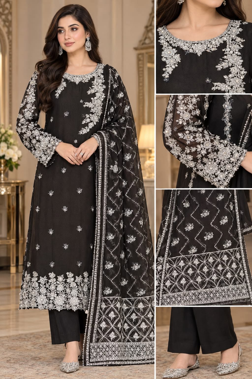 Black & Silver Pure Chiffon Luxury Formal